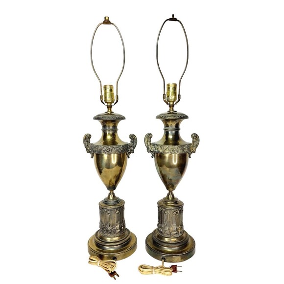 Antique Edwardian Brass Bronze Neoclassical Urn Trophy Parlor Lamps Gold Floral - Picture 1 of 7